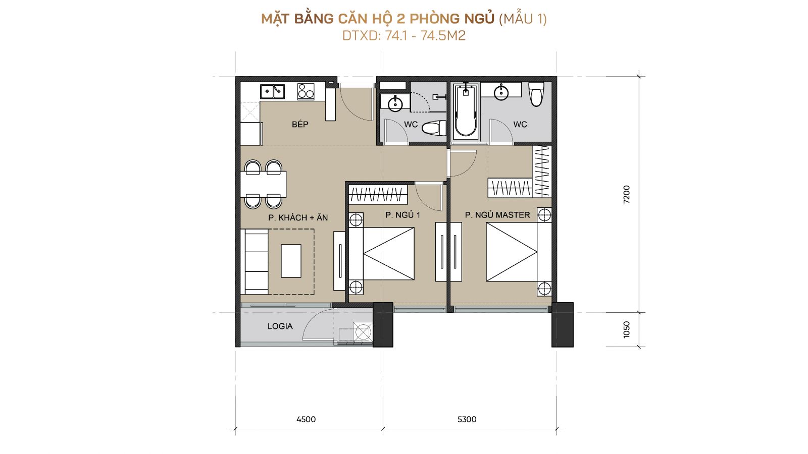thiết kế căn hộ 02 phòng ngủ Sunshine River Park