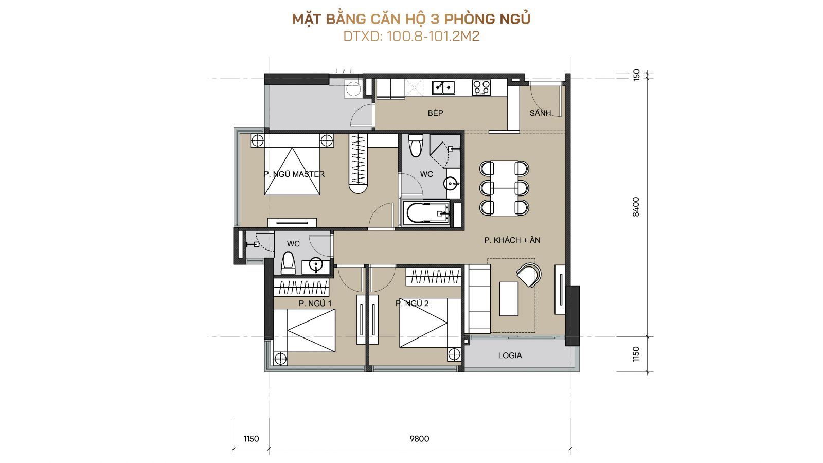 thiết kế căn hộ 03 phòng ngủ Sunshine River Park